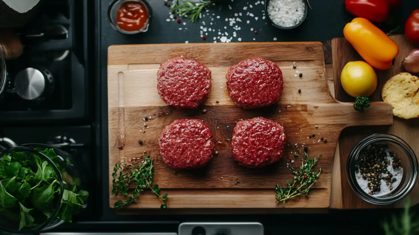 Close-up of a sliced Wagyu burger patty, focusing on the marbling