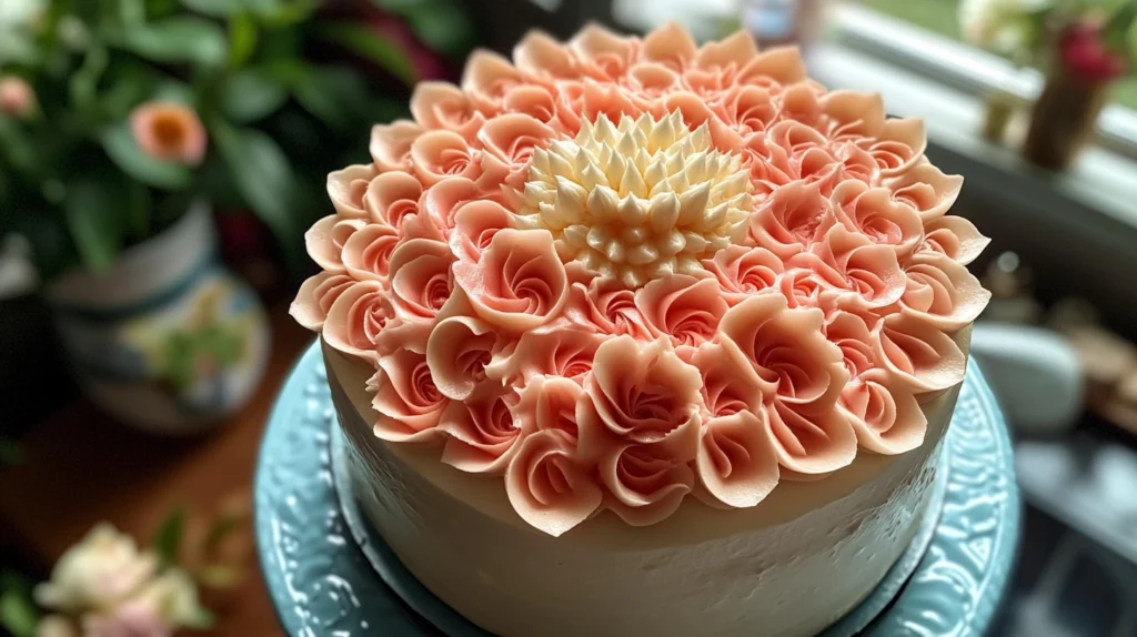 Overhead view of a beautifully decorated flower birthday cake with vibrant edible blooms