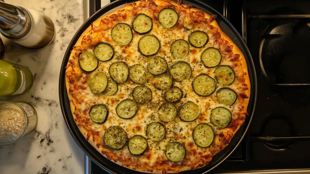 A freshly baked pickle pizza topped with sliced dill pickles and melted cheese