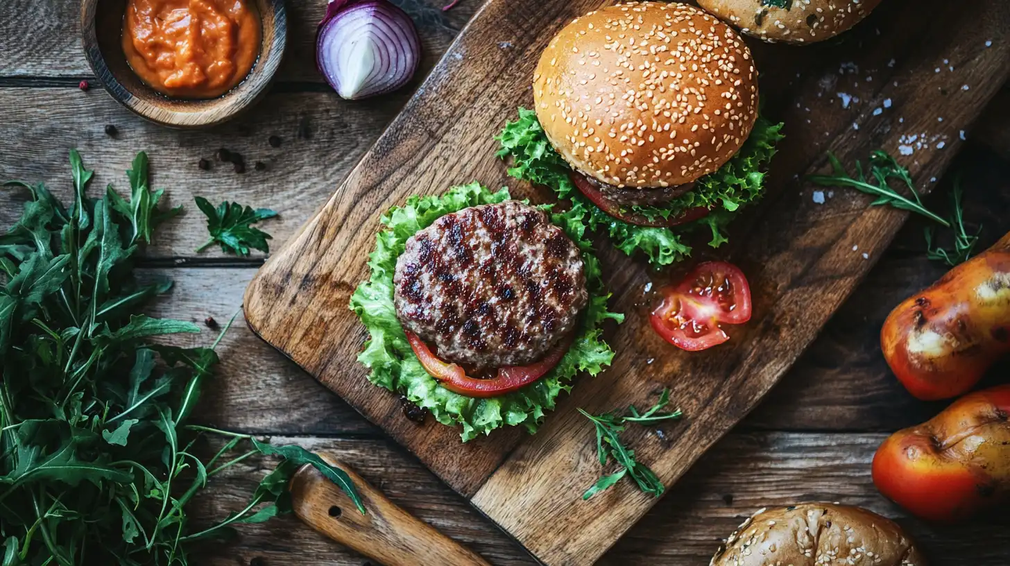 Top-down photo of a freshly cooked wagyu burger on a brioche bun