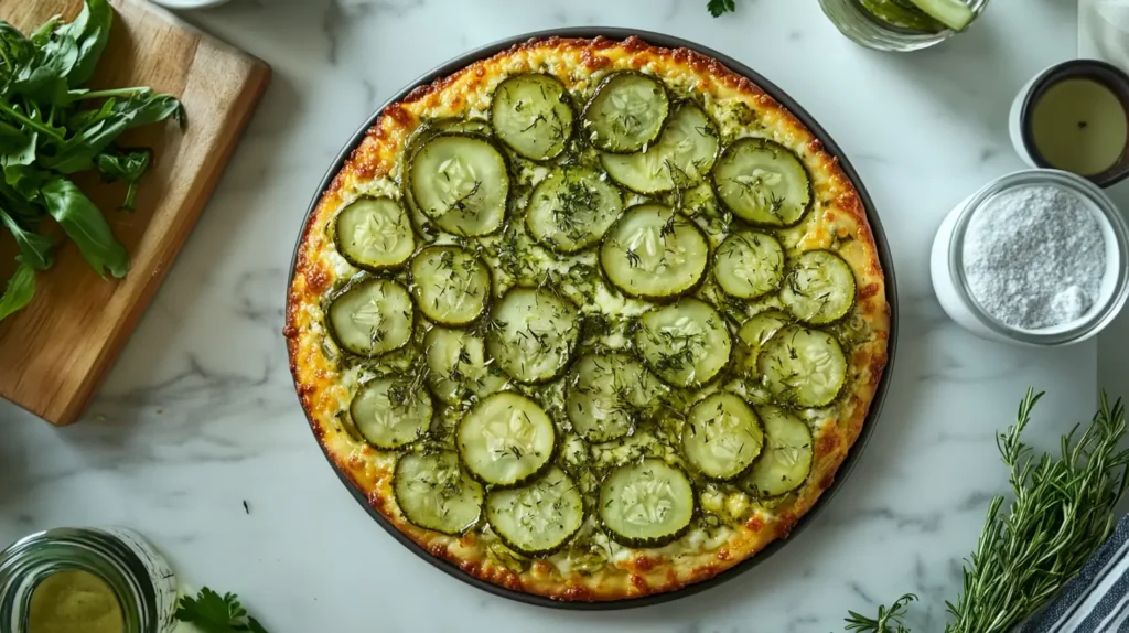 Overhead shot of a pickle pizza, highlighting who made the first pickle pizza?