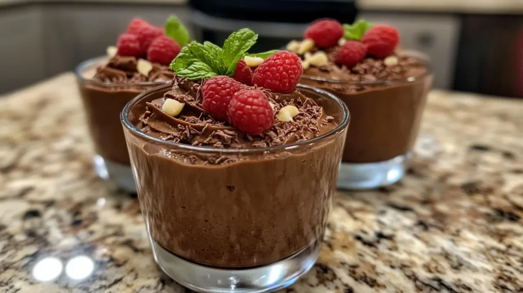 Creamy cottage cheese chocolate mousse with chocolate curls