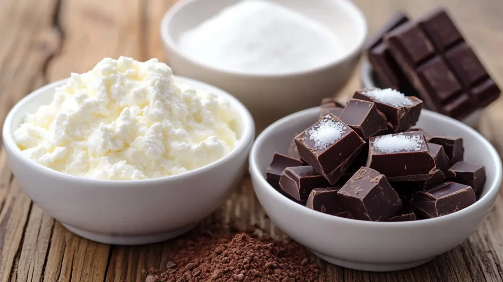 Ingrédients of creamy cottage cheese chocolate mousse 