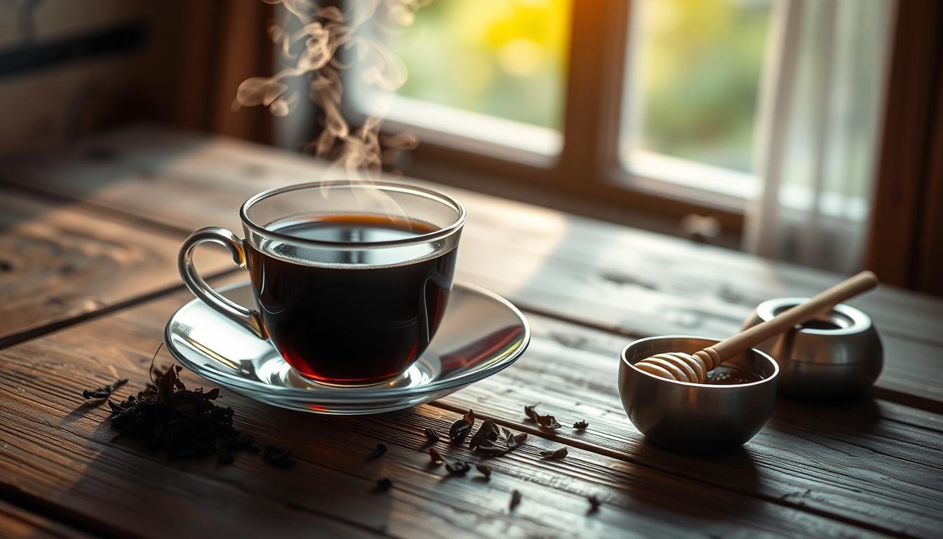 A freshly brewed cup of english breakfast tea in a white teacup on a wooden table