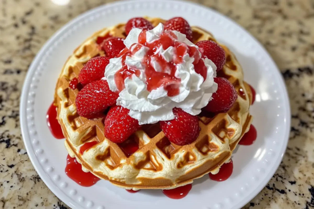 Stack of waffles topped with fresh strawberries referencing Does Waffle House make strawberry waffles?