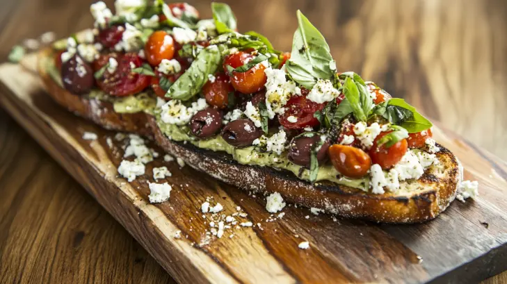 Gourmet avocado toast topped with crumbled feta cheese