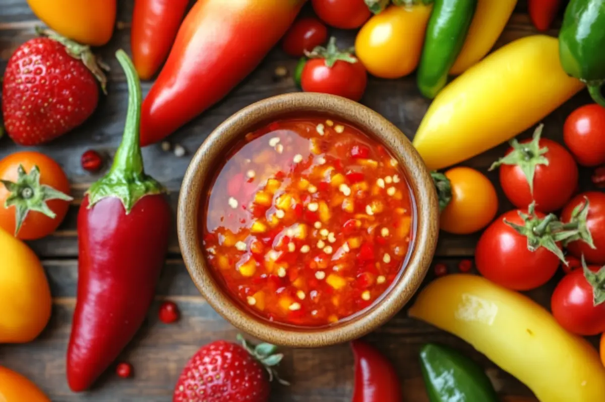 A bowl of vibrant mango salsa with diced mangoes, habanero peppers, red onion, red bell pepper, cilantro, and lime