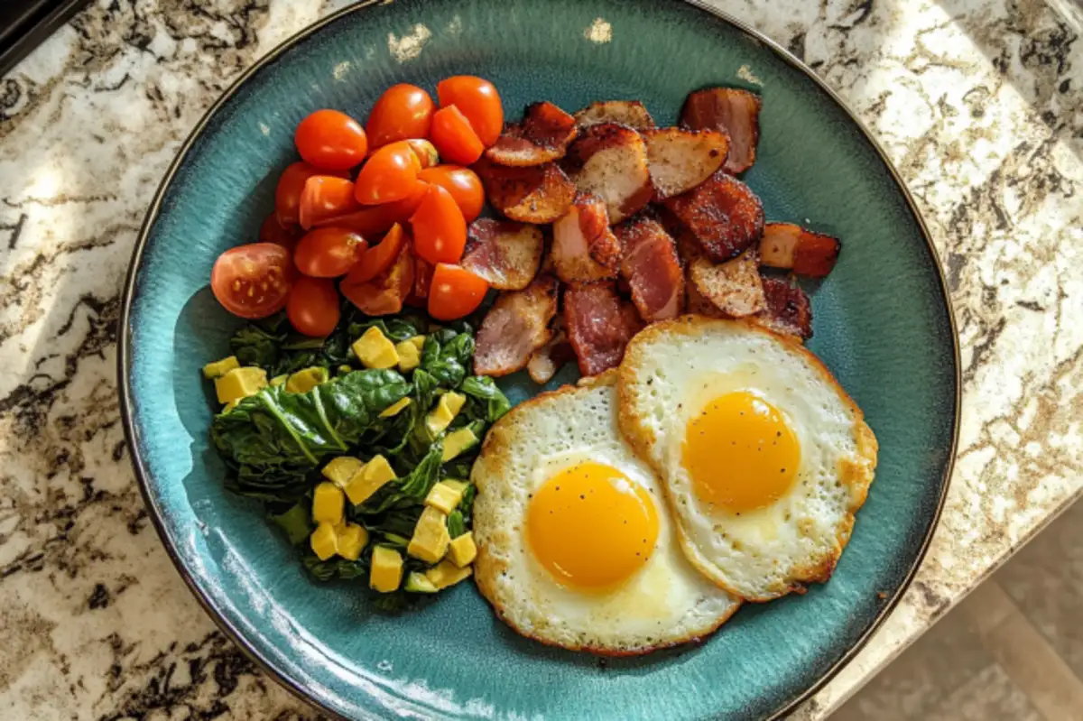 Featured breakfast plate with eggs, whole-grain toast, and fresh fruit