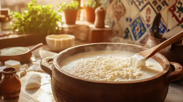 A rustic kitchen scene featuring the traditional process of making Mexican quesillo cheese,