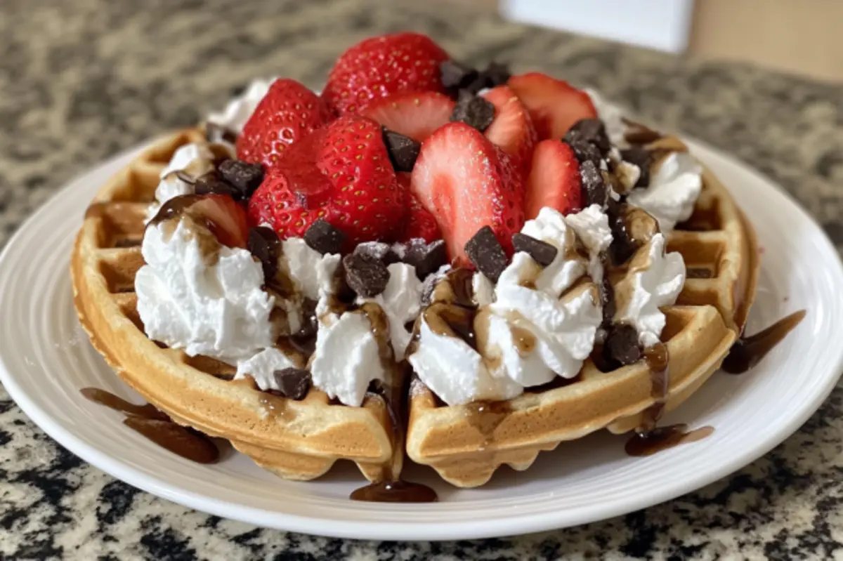 Crispy strawberry waffles on a plate with fresh berries