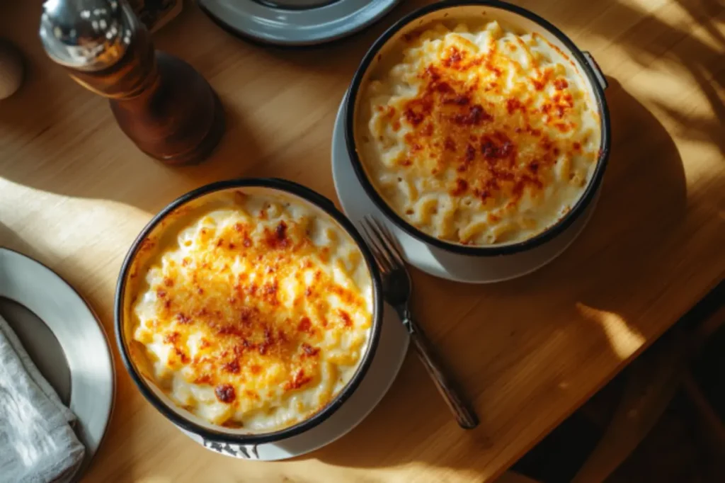 Overhead shot of tinis mac and cheese in a baking dish