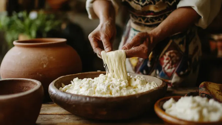 A traditional kitchen setting with a rustic wooden table, fresh ingredients like milk, rennet, and salt, and hands stretching and kneading creamy strands of Oaxacan quesillo cheese.