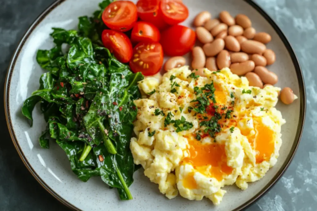 A balanced breakfast plate with veggies and scrambled eggs