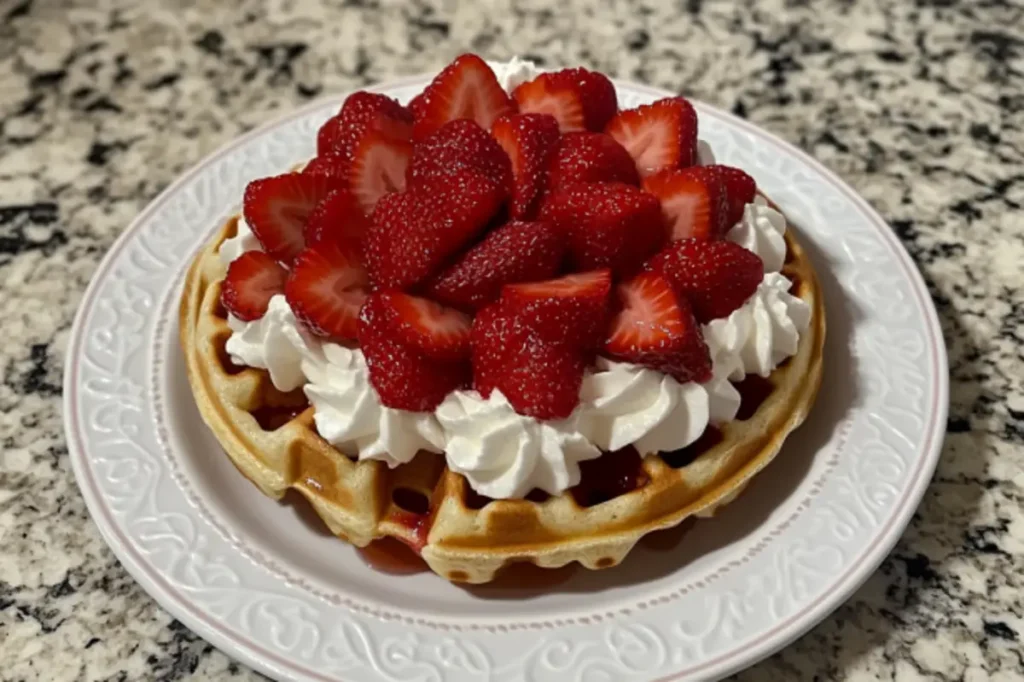 Tower of strawberry waffles with whipped cream