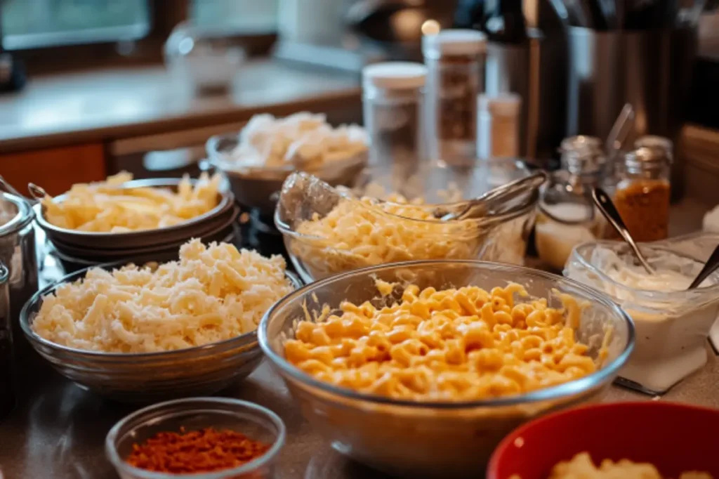 Ingredients for tinis mac and cheese in bowls