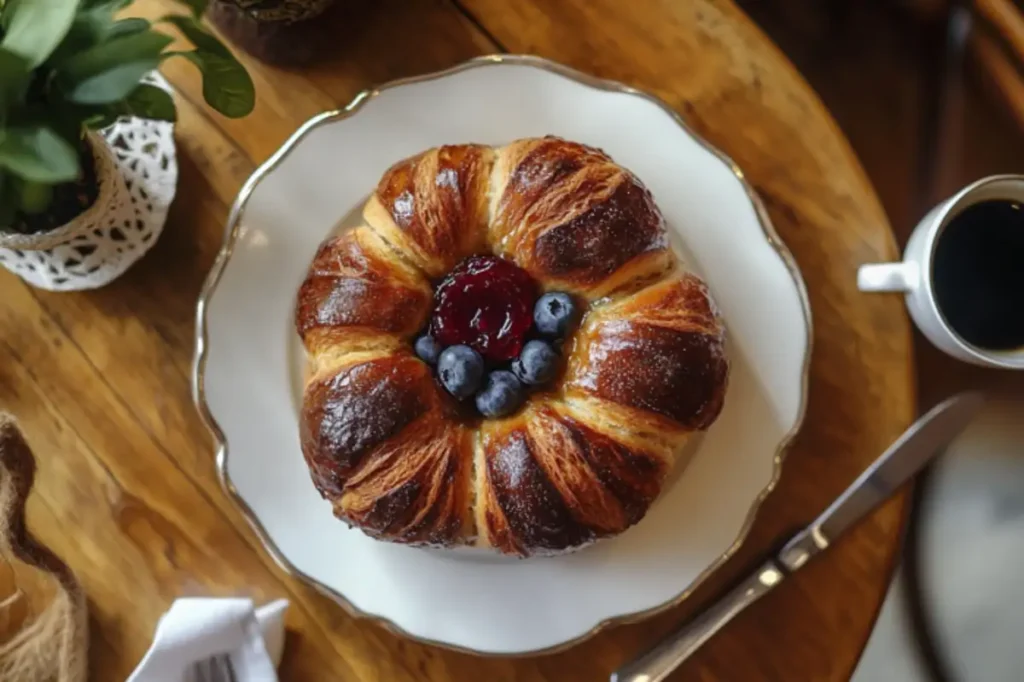 Completed gipfeli recipe served with jam and coffee