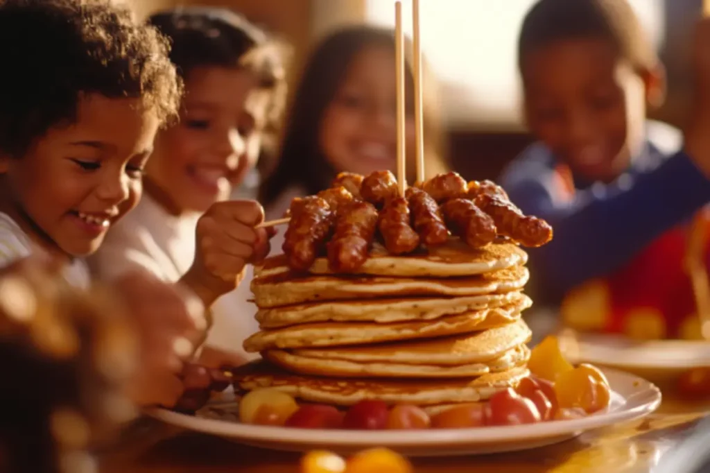 Family enjoying pancake sausage on a stick