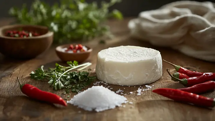 A rustic wooden table showcasing a block of white cheese, a bowl of salt, fresh herbs, and colorful chili peppers