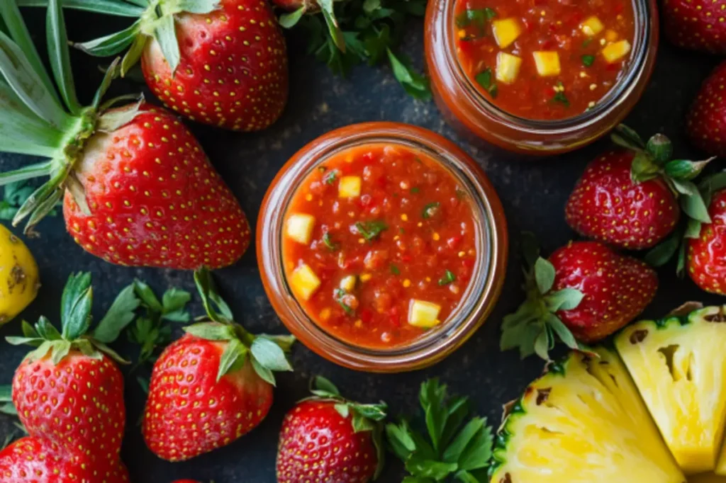 A vibrant jar of mango habanero sauce with fresh mango slices, habanero peppers, and lime