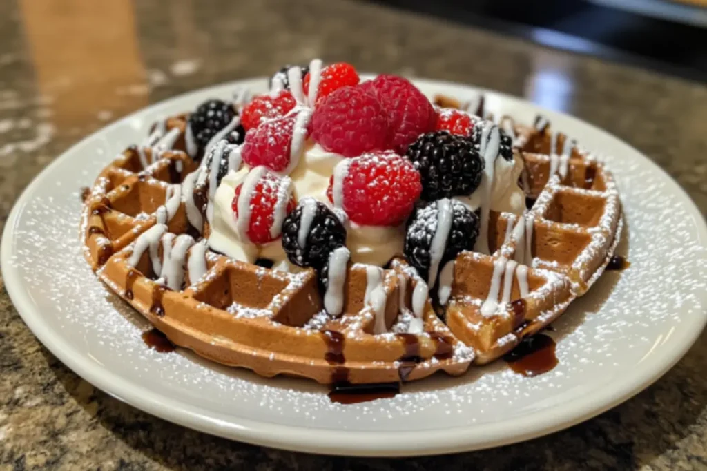 Sweet breakfast plate featuring waffles, fresh berries, and yogurt drizzle