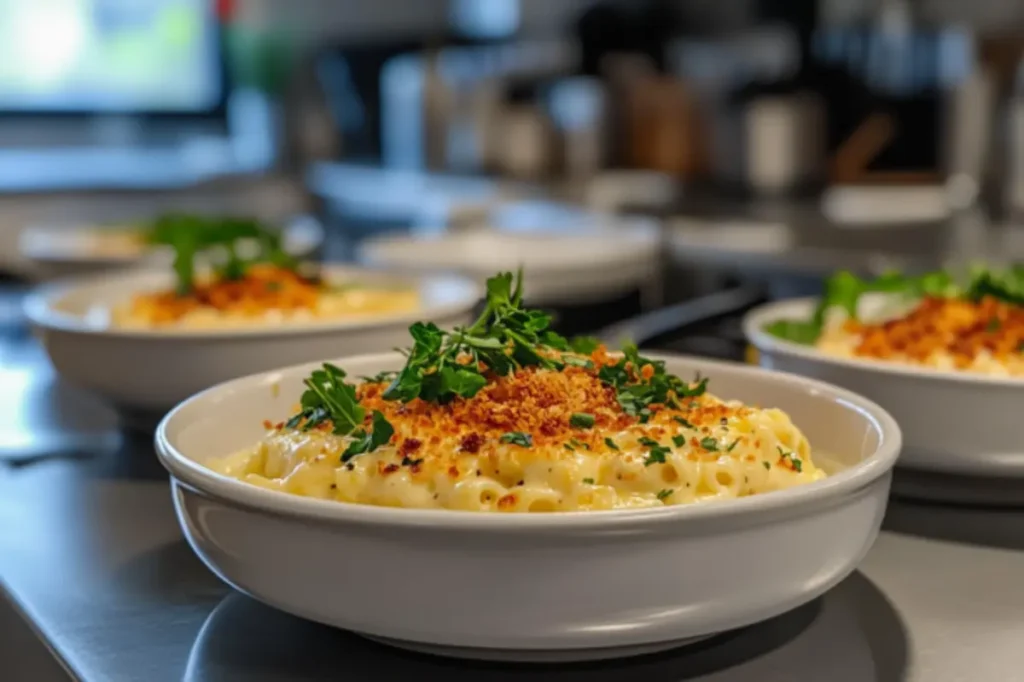 A plated serving of tinis mac and cheese with a garnish of parsley