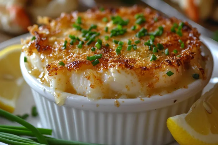 Elegant crab brûlée garnished with chives.