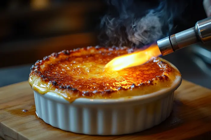Chef caramelizing sugar on crab brûlée with a kitchen torch.