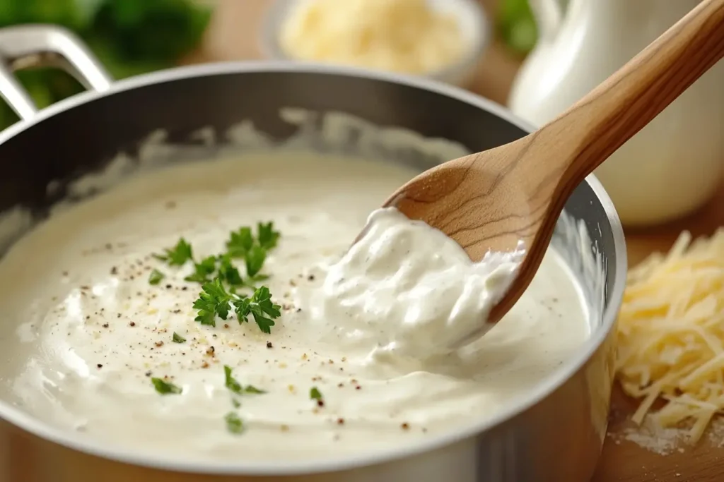 Alfredo sauce being stirred in a pan for Chicken Tortelloni Alfredo.