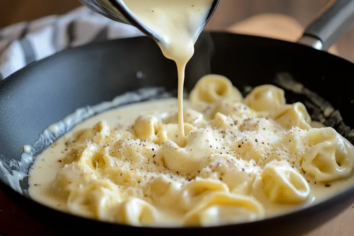 Alfredo Sauce Being Poured Over Tortellini