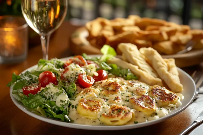 Chicken Tortelloni Alfredo served with salad, breadsticks, and wine.