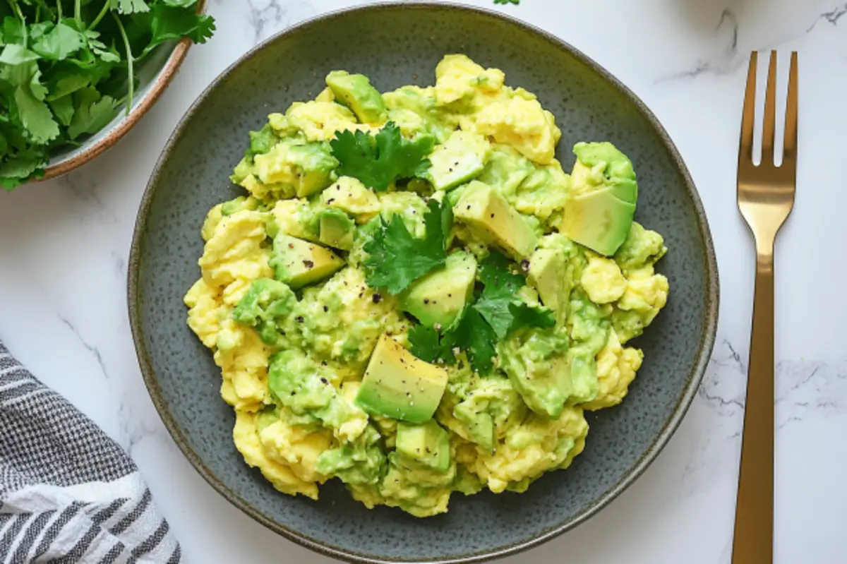 Overhead shot of avocado scrambled eggs in a bright kitchen