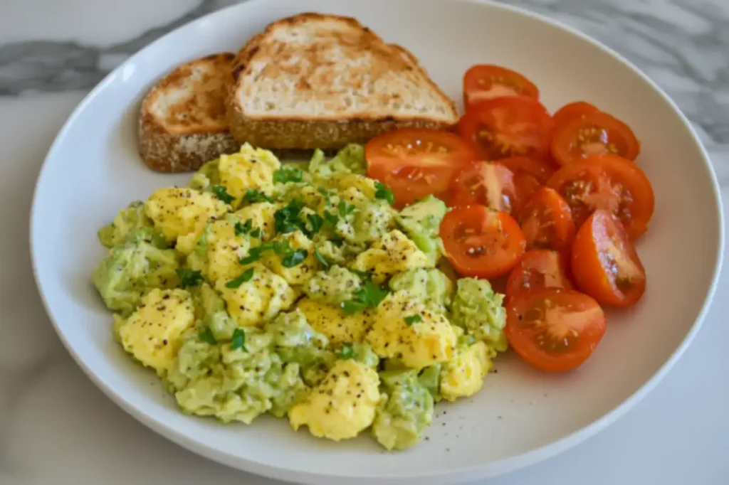 Plate of avocado scrambled eggs with sliced tomatoes and toast