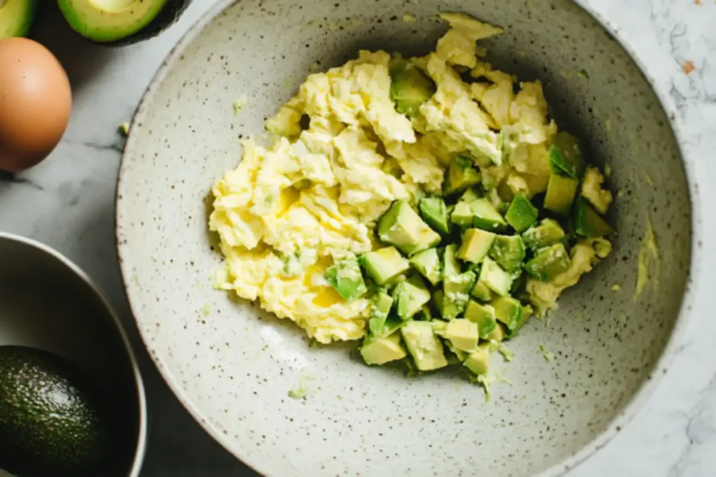 Whisked eggs and diced avocado for avocado scrambled eggs