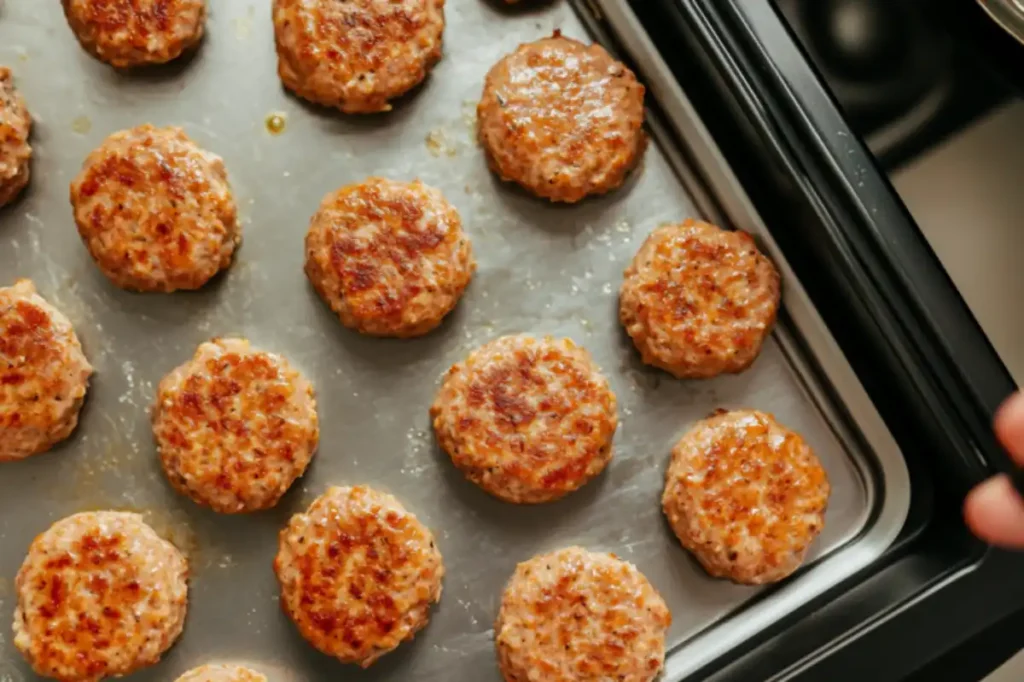 Raw chicken sausage patties being shaped