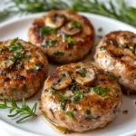 Plate of cooked chicken sausage patties with herbs