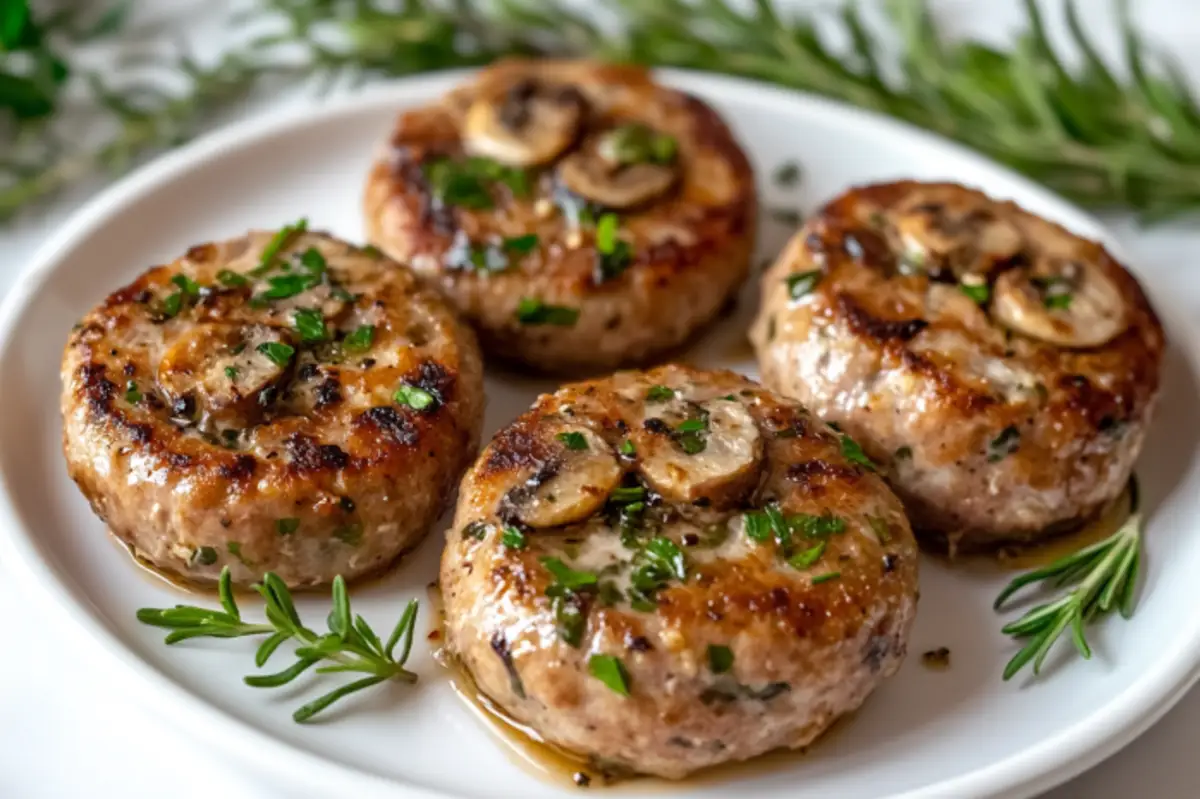 Plate of cooked chicken sausage patties with herbs