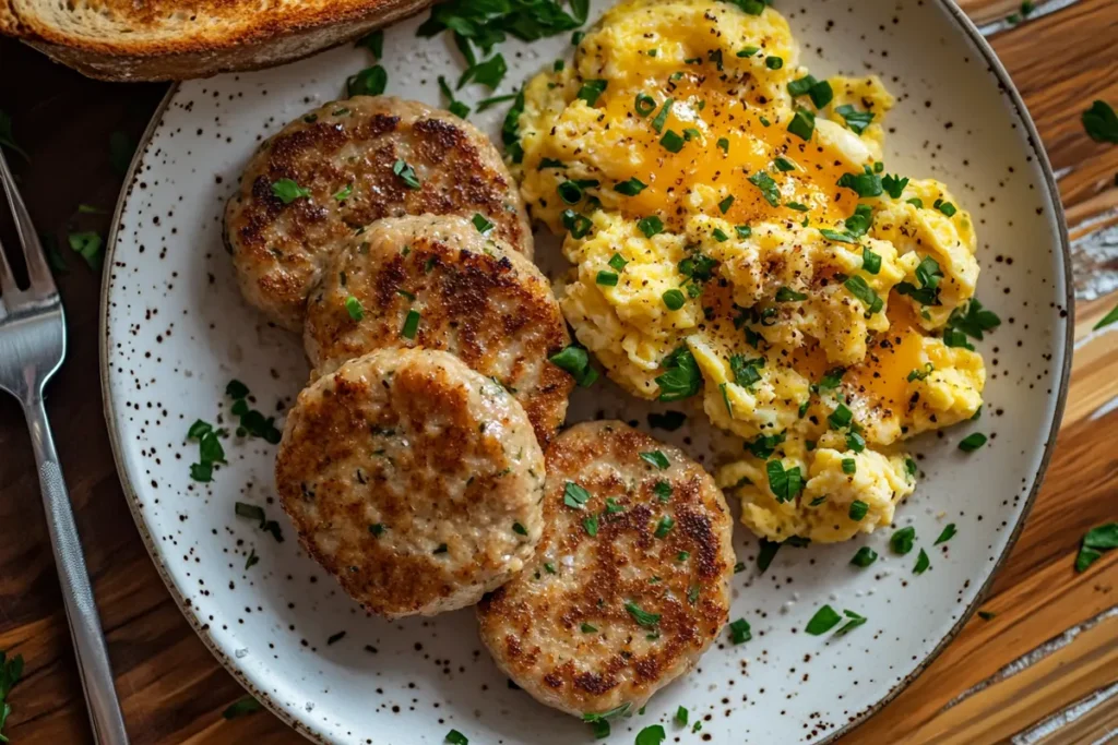 Cooked chicken sausage patties served with eggs and toast