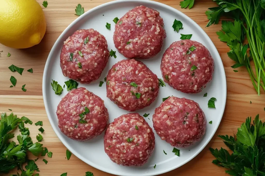 Close-up overhead shot of chicken sausage patties seasoned with herbs, showcasing a lean yet tasty alternative to pork sausage