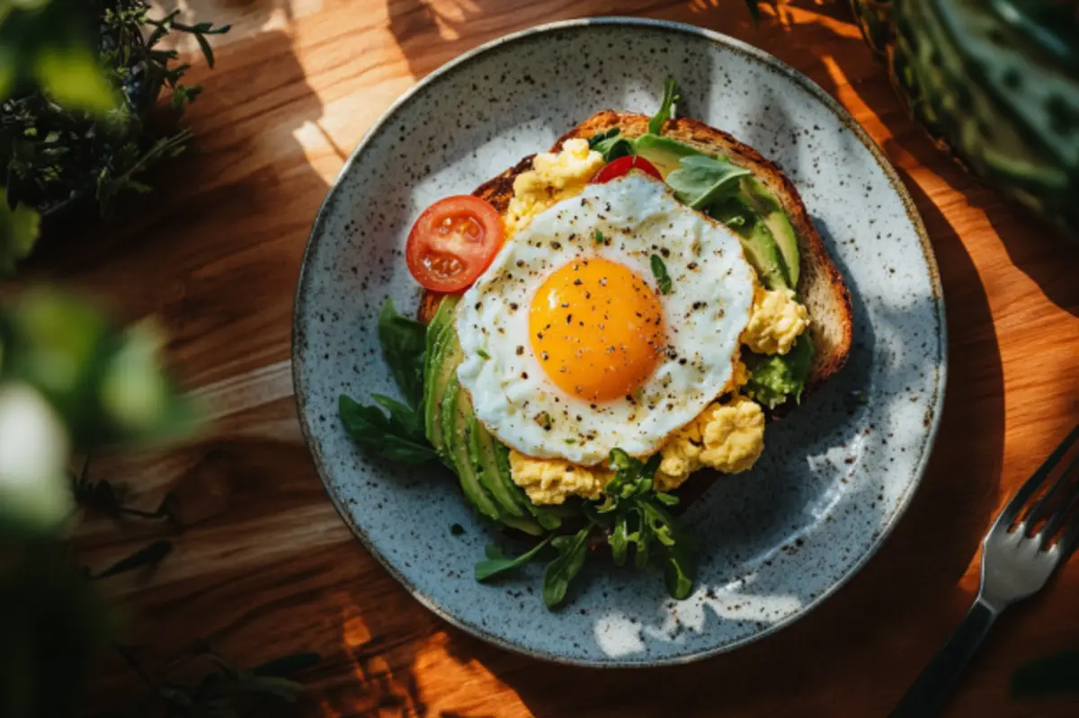 Top-down shot of avocado toast and scrambled eggs showcasing Is avocado toast with scrambled eggs healthy?