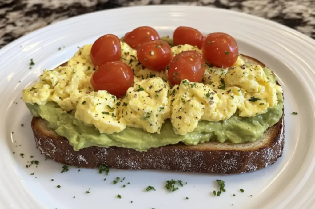 Avocado toast garnished with cherry tomatoes and scrambled eggs demonstrating Is avocado toast with scrambled eggs healthy?