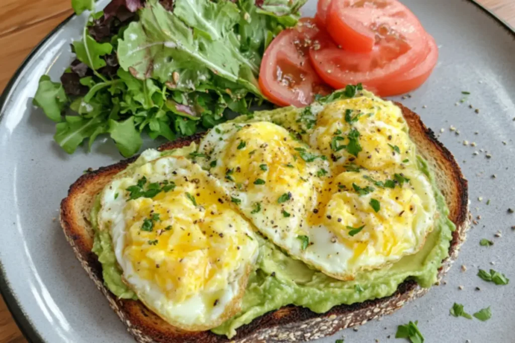 Plate with avocado toast, scrambled eggs, and a side salad focusing on Is avocado toast with scrambled eggs healthy?