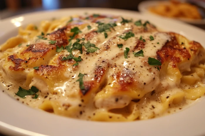 Chicken Tortelloni Alfredo Olive Garden served on a rustic plate.