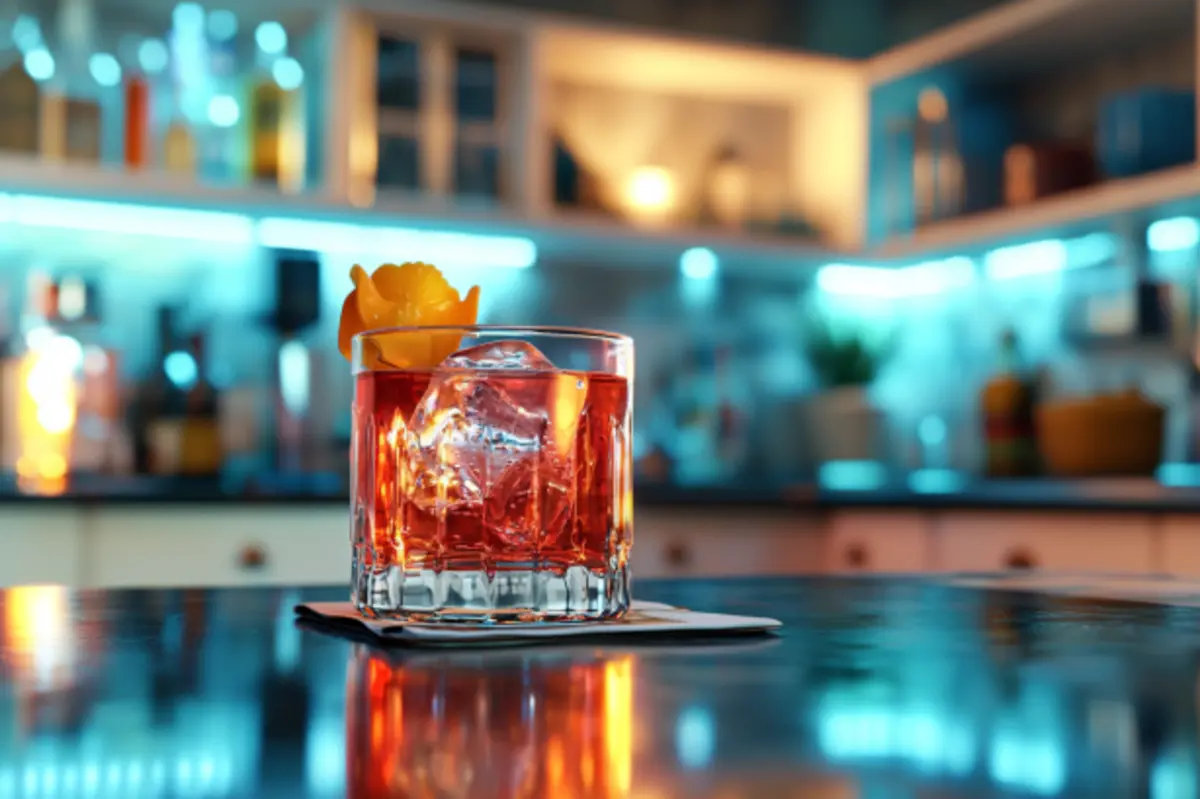 A photorealistic image of a Negroni recipe cocktail, elegantly presented