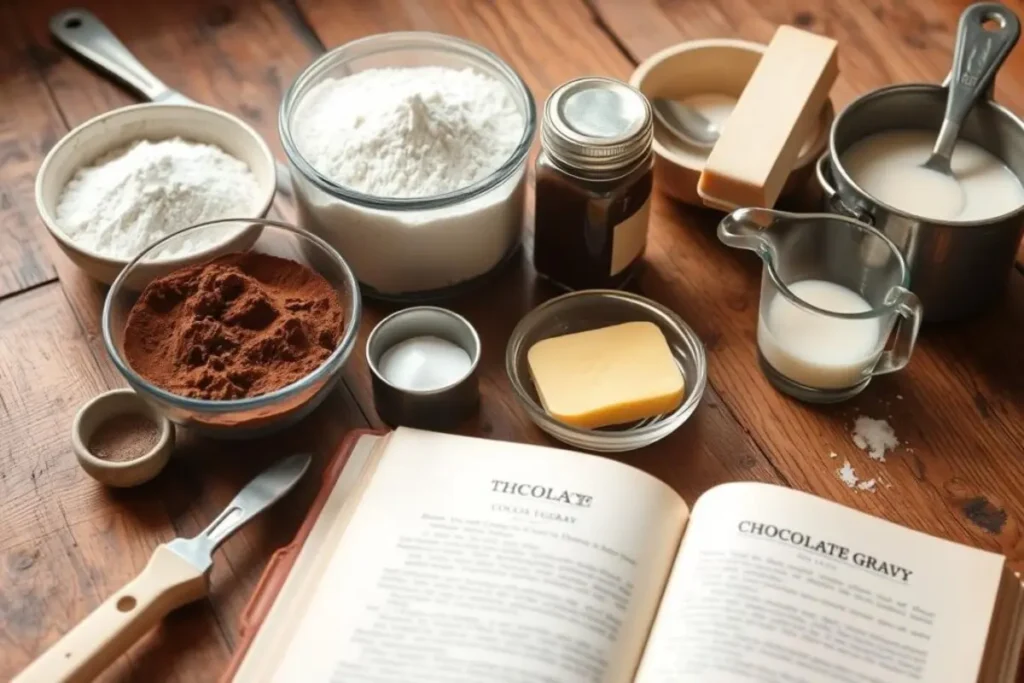  A rustic wooden kitchen counter with ingredients for chocolate gravy