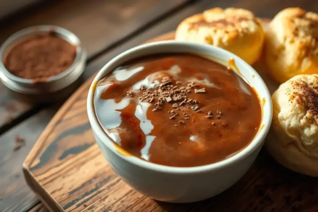 A rich bowl of homemade chocolate gravy with fluffy biscuits