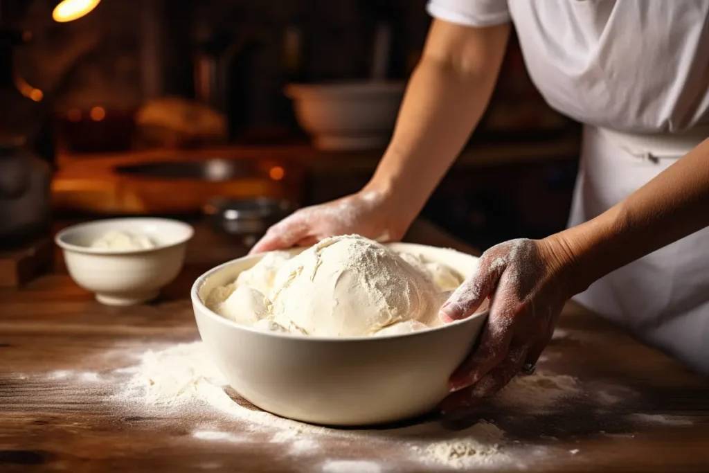 Hands kneading dough for Italian bread
