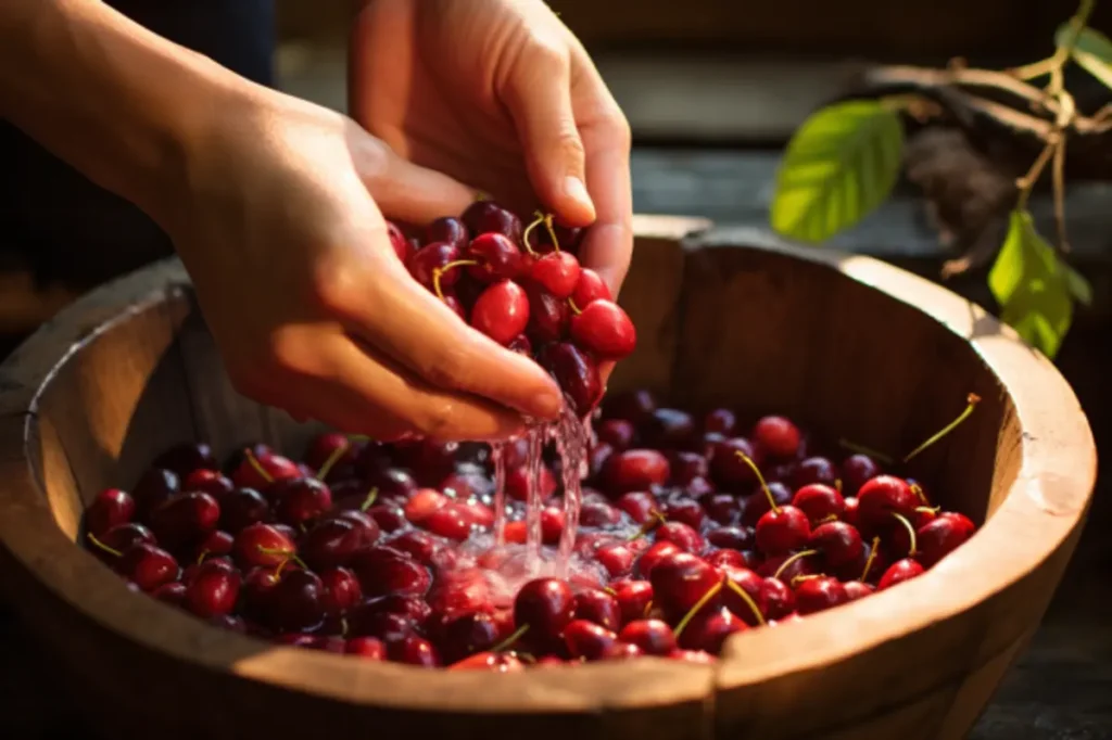 Fresh chokecherries being washed and sorted in a wooden bowl.