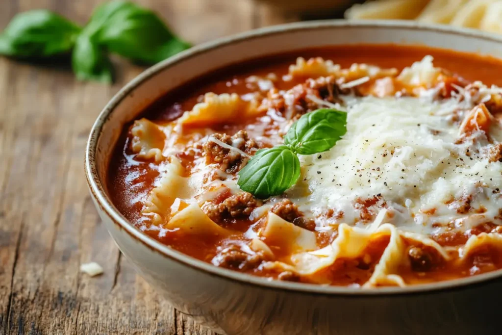 A cozy inviting bowl of steaming hot lasagna soup