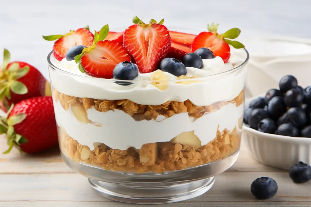 A vibrant no-bake banana split cheesecake arrangement with fresh fruit, cream cheese, and indulgent toppings on a white backdrop