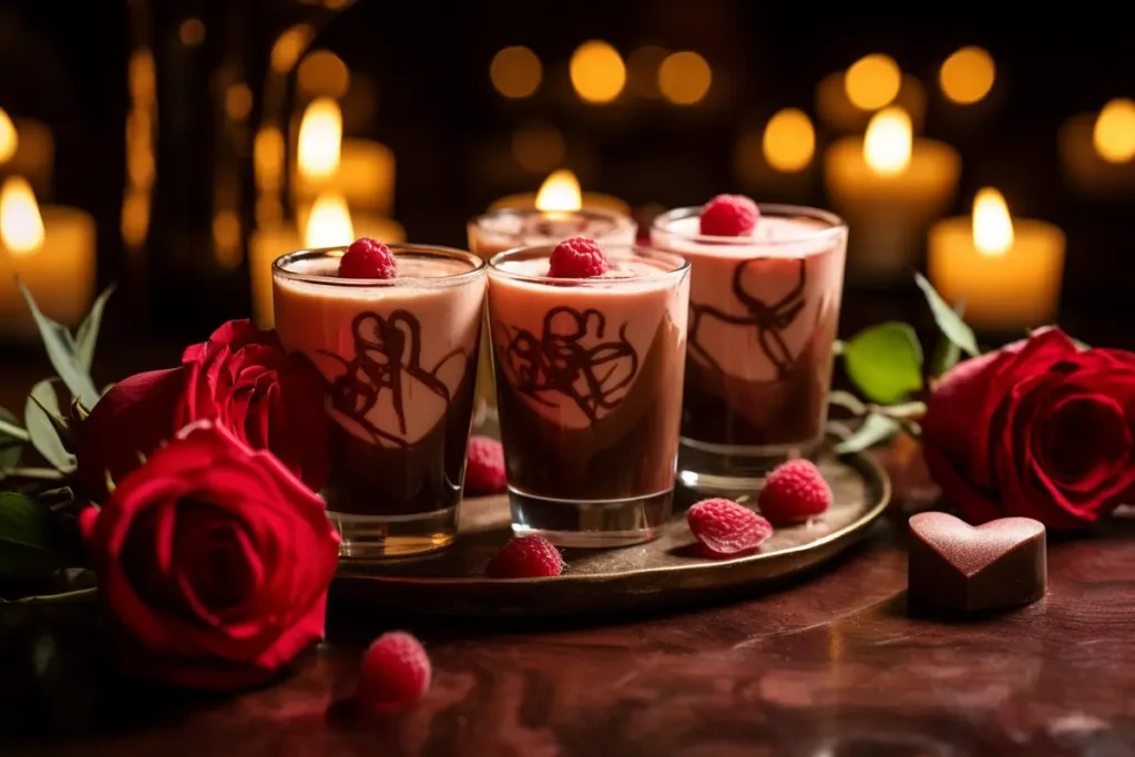 Decadent Valentine's boozy dessert shots garnished with chocolate hearts and fresh rosemary, set against a lush red backdrop.